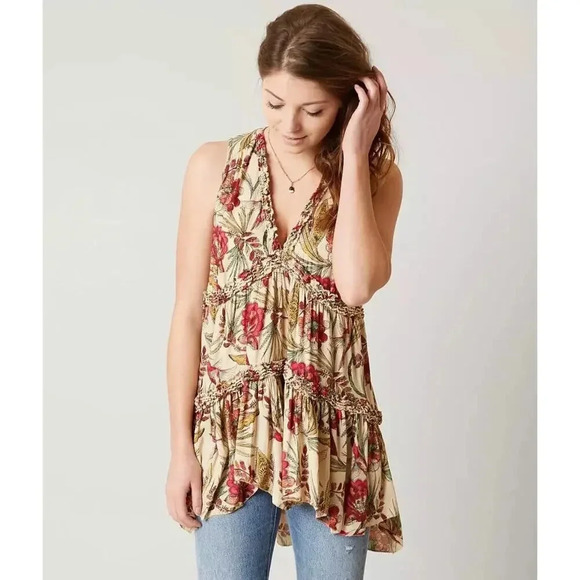 Free People Haze Bird Floral Printed Ruffle Trim Boho Tunic Top Size XS - Picture 1 of 14